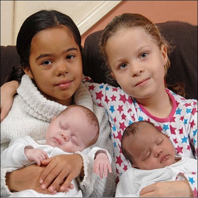 Older Pair Of Biracial Twins Holding Sibling Baby Biracial Twins